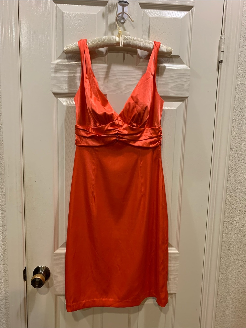 Windsor Vibrant Orange Satin Midi Dress with V-Neck, Size 7/8